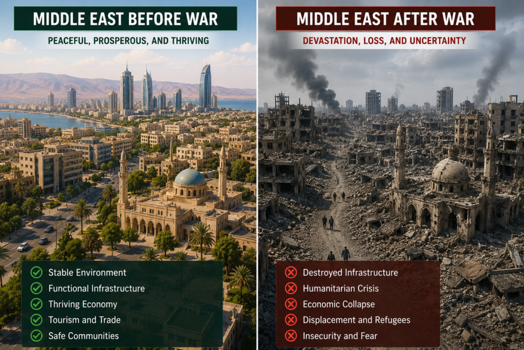 Middle East War 2026 comparison showing a prosperous Middle Eastern city before the conflict and a devastated urban landscape after the war, highlighting destruction, humanitarian crisis, economic losses, and infrastructure damage.