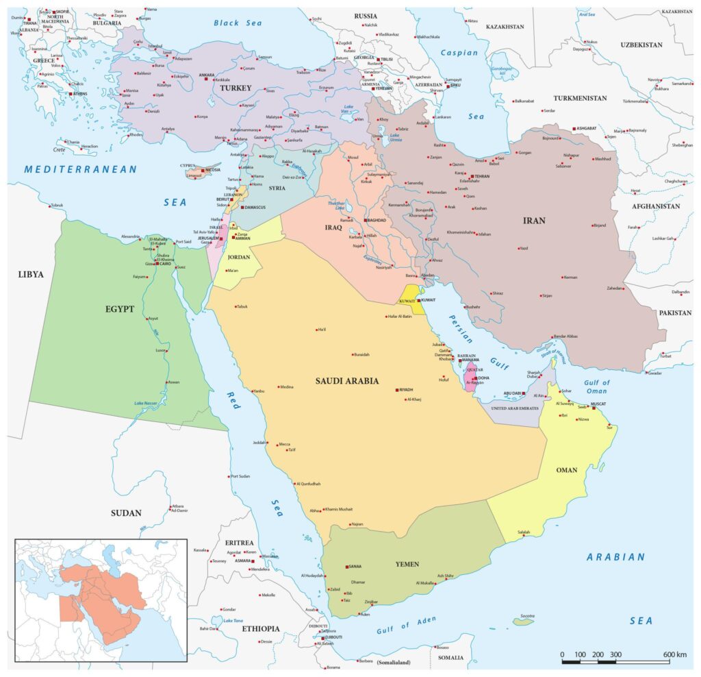Middle East map showing Israel, Iran, Gaza, Lebanon and surrounding countries involved in regional tensions.