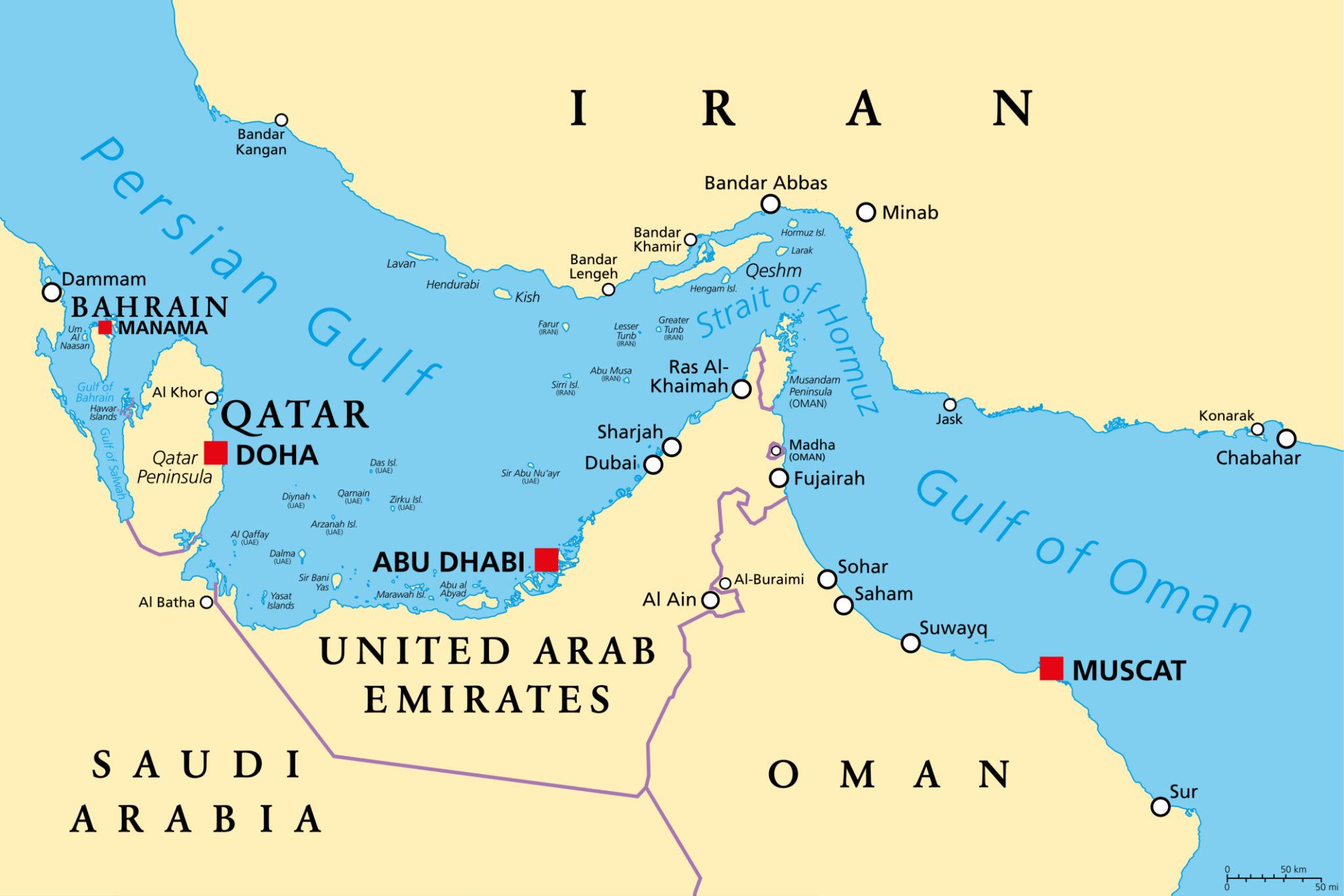 The Strait of Hormuz map showing the strategic maritime passage between Iran and Oman connecting the Persian Gulf with the Gulf of Oman and global shipping routes