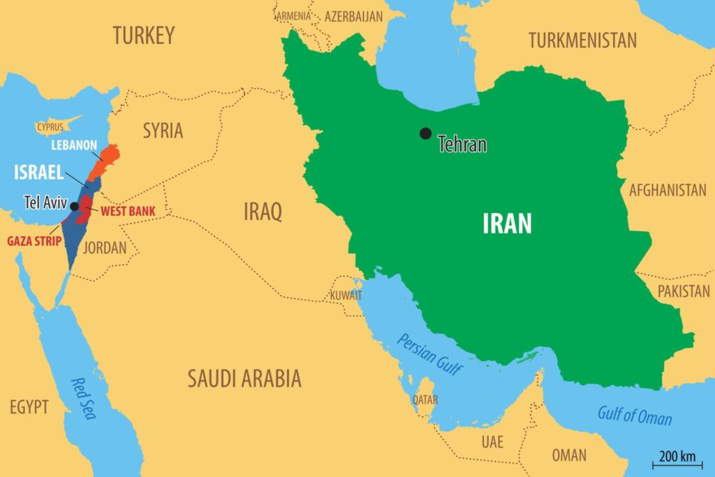 Middle East map showing Israel, Iran, Gaza, Lebanon and surrounding countries involved in regional tensions.