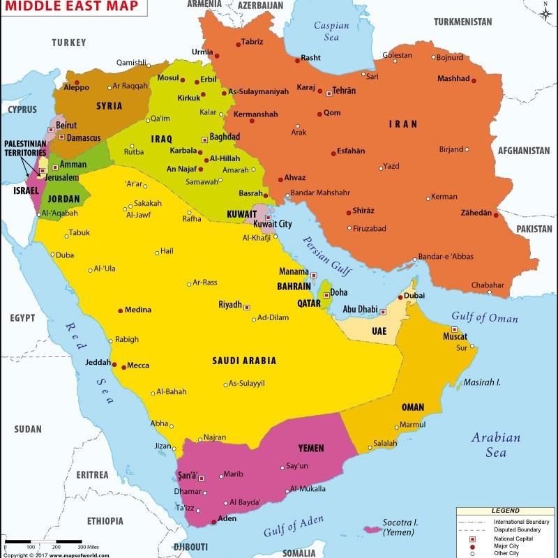 Middle East map showing Israel, Iran, Gaza, Lebanon and surrounding countries involved in regional tensions.
